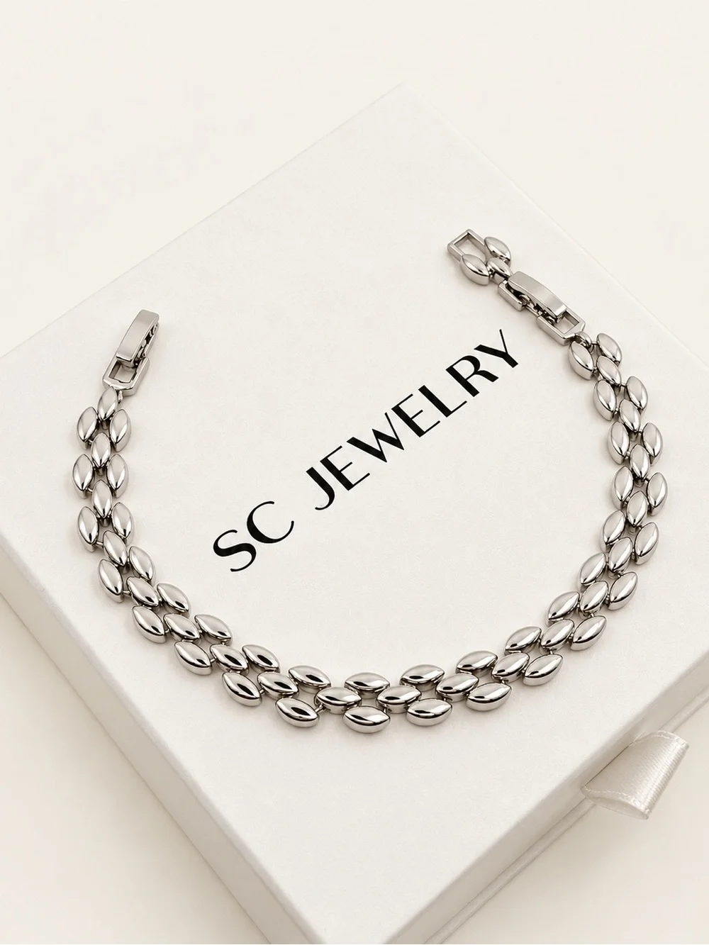 Platinum Plated Laurel Leaf Bracelet Rhodium Coated Botanical Link Jewelry